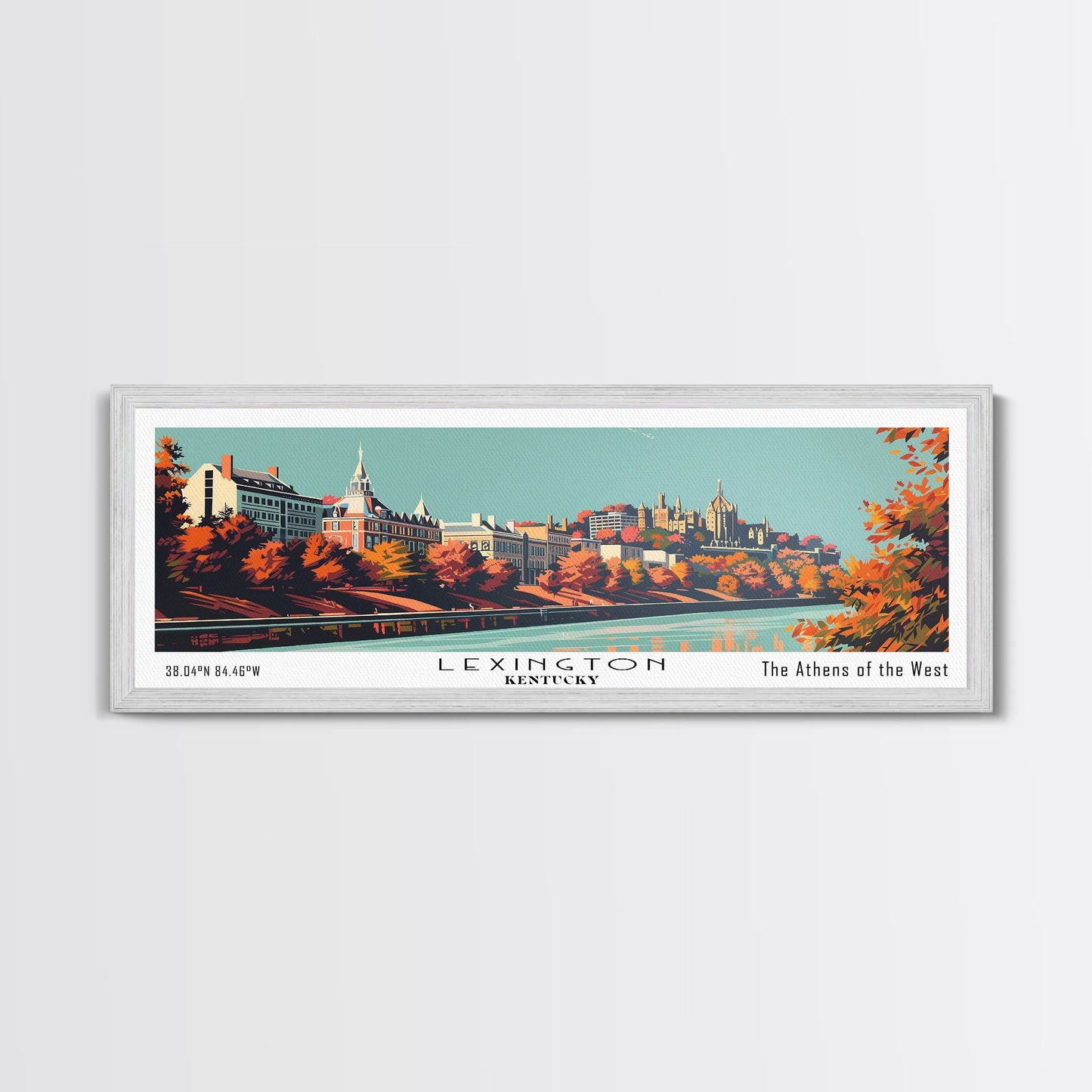 Lexington Kentucky Panoramic Painting, Mid Century Modern Framed Canvas Print, Retro Pop Art Travel Poster, Living Room Wall Decor