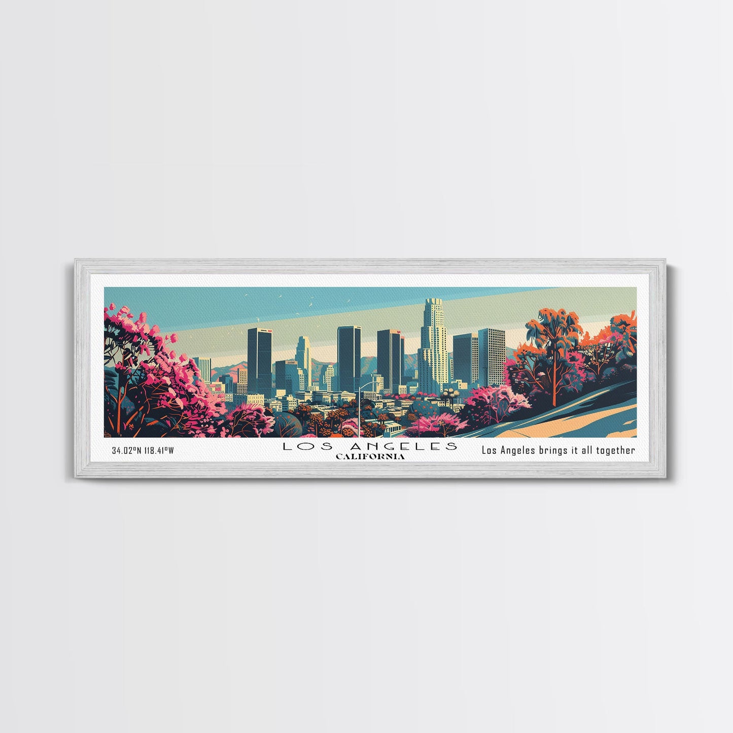 Los Angeles California Mid Century Modern Framed Canvas Print, Retro Pop Art Travel Poster, Home Decor, City Art, Panoramic Painting
