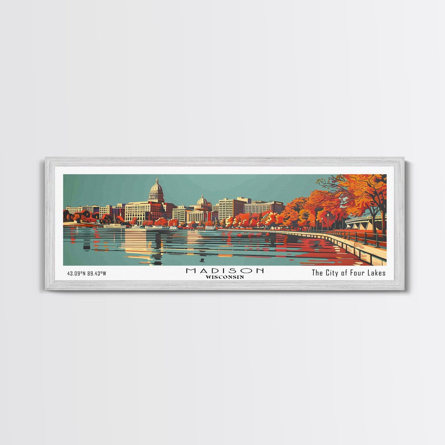 Madison Wisconsin Panoramic Wall Art, Mid Century Modern Framed Canvas Print, Retro Pop Art Travel Poster, Office Decor, Gift Idea