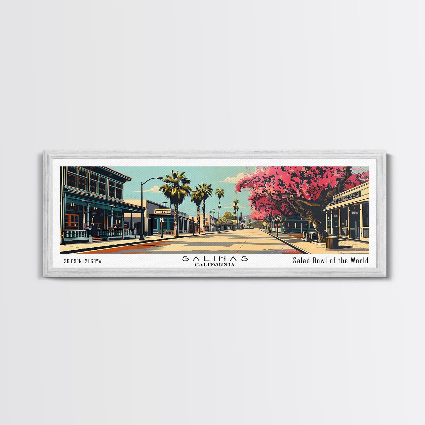 Salinas California Panoramic Painting, Mid Century Modern Framed Canvas Print, Retro Pop Art Travel Poster, Cityscape, Home Decor, Office Wall Art