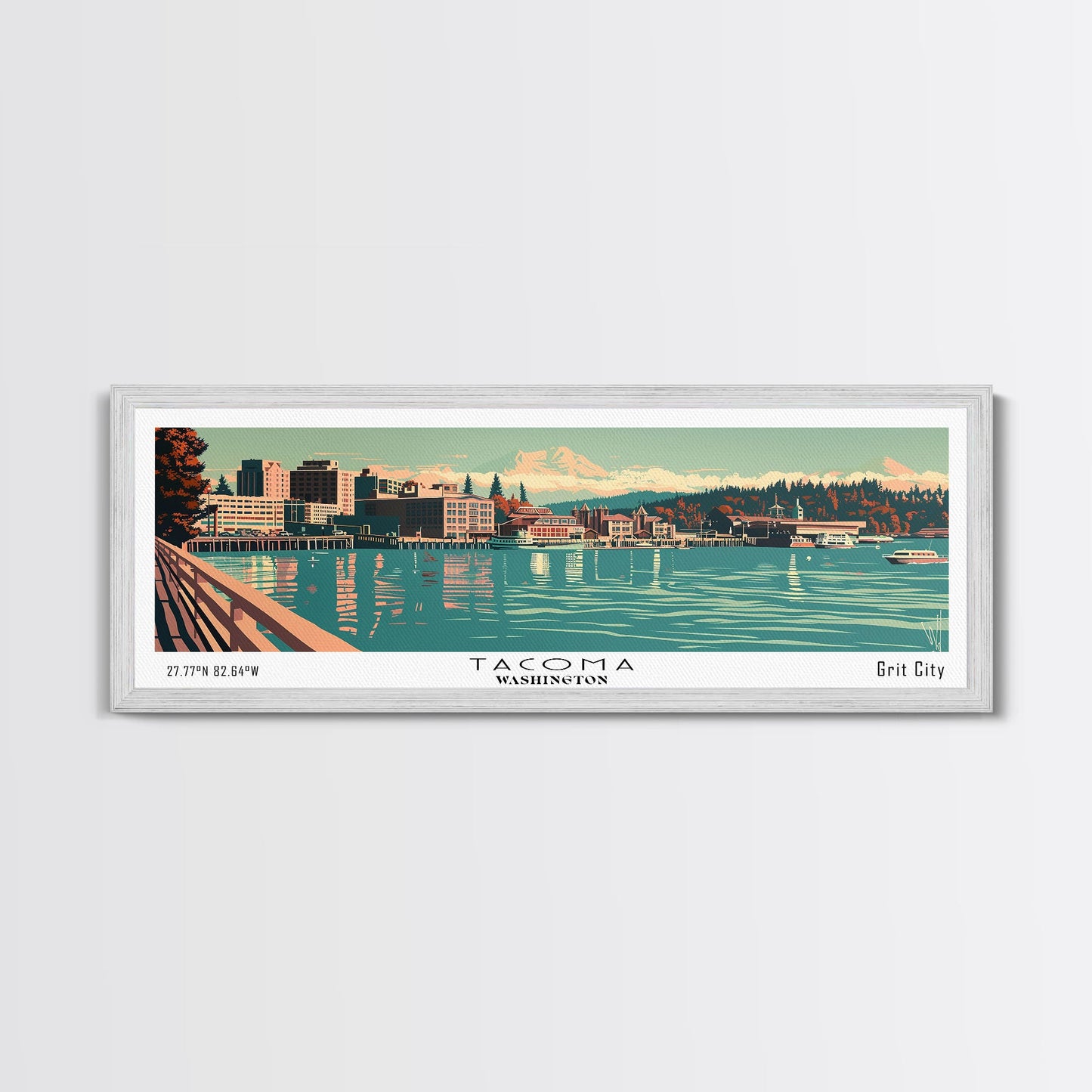 Tacoma Washington Panoramic Wall Art, Mid Century Modern Framed Canvas Print, Retro Pop Art Cityscape, Travel Poster, Living Room Decor