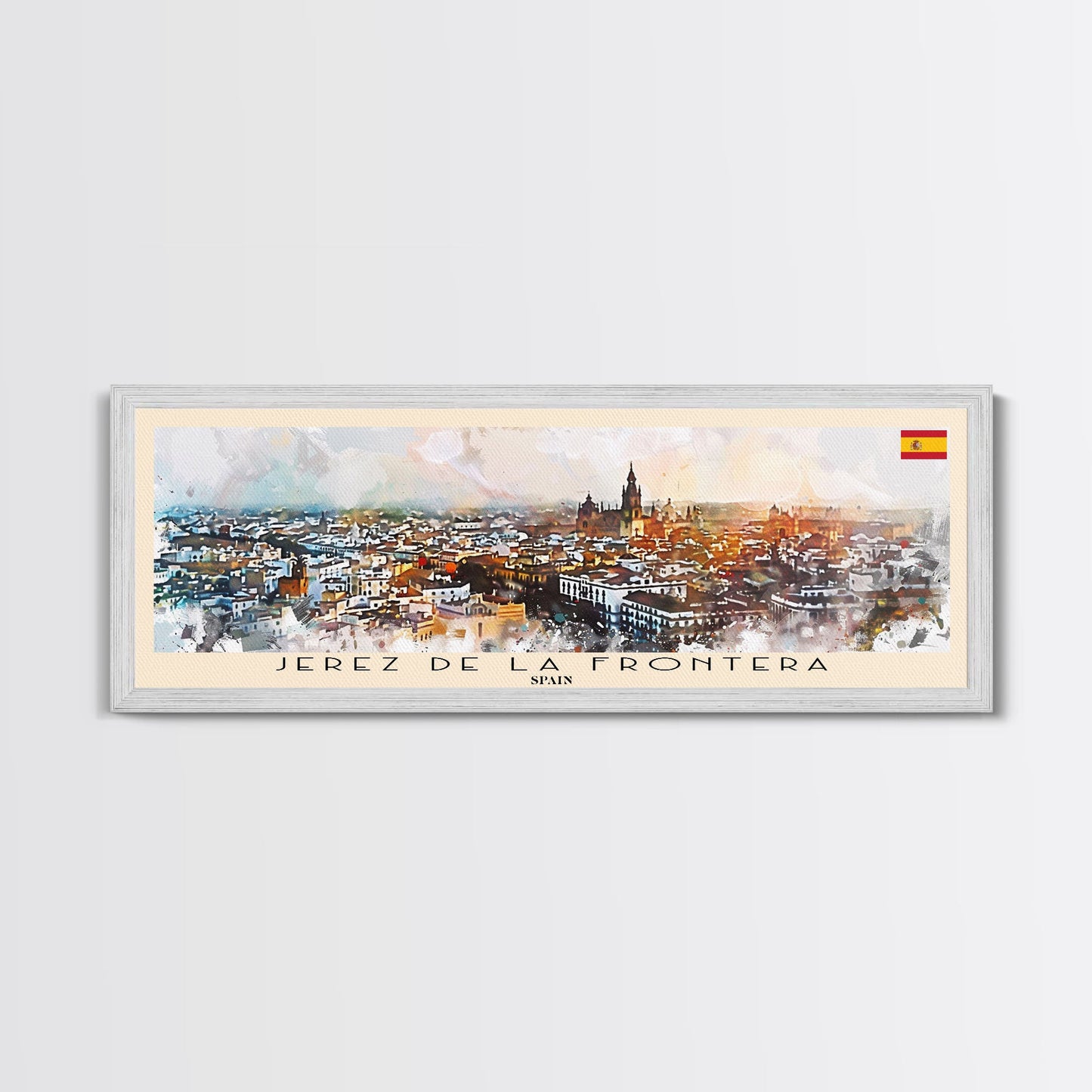 Jerez De La Frontera Spain Panoramic Travel Poster, Framed Canvas Print or Metal Wall Art, Travel Art, Home Decor, Panoramic Painting, Midcentury Art