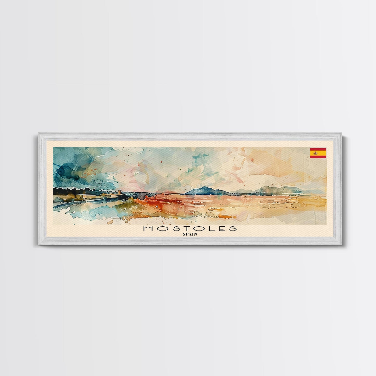 Mostoles Spain Panoramic Travel Poster, Framed Canvas Print or Metal Wall Art, Travel Art, Home Decor, Panoramic Painting, Midcentury Art