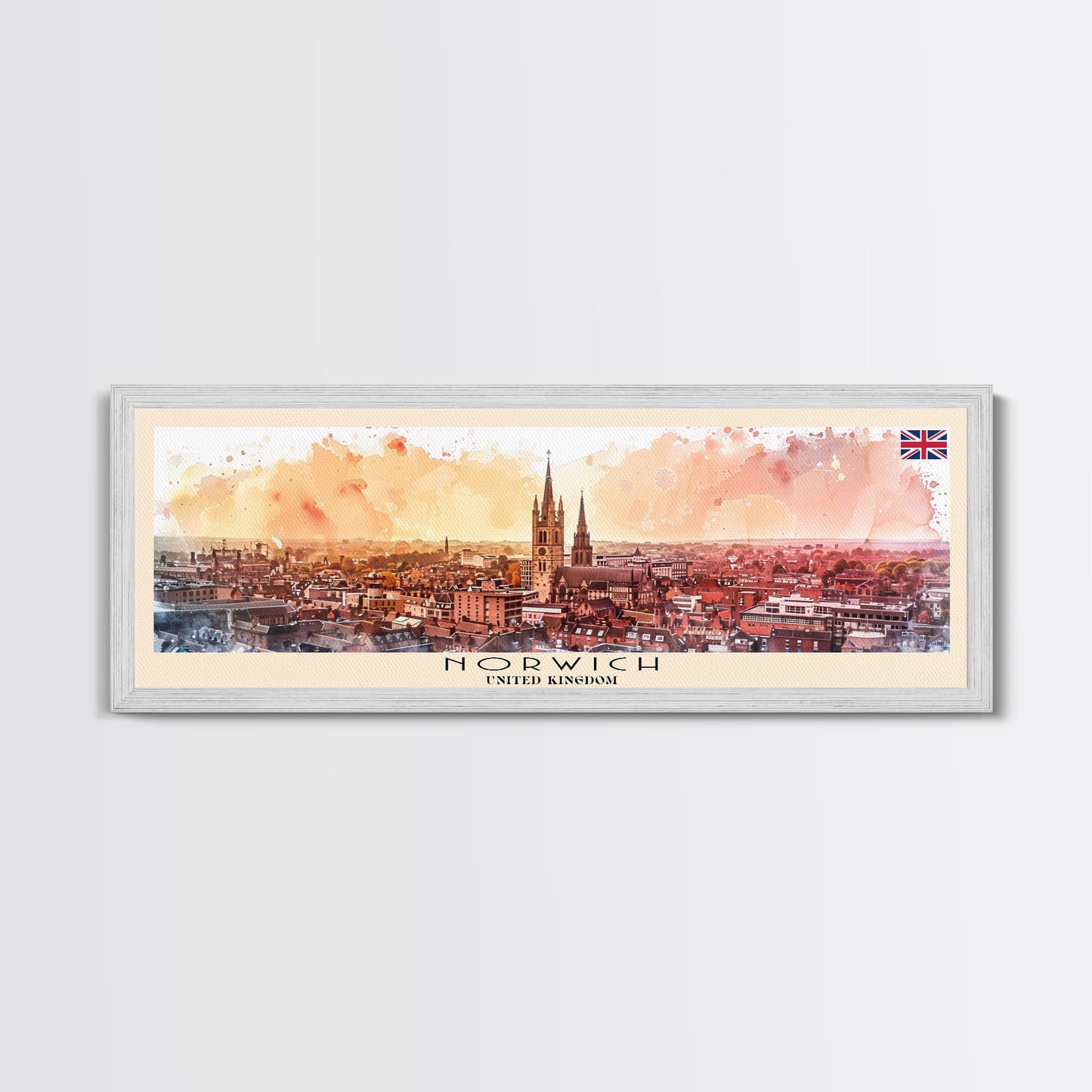 Norwich United Kingdom Panoramic Travel Poster, Framed Canvas Print or Metal Wall Art, Travel Art, Home Decor, Panoramic Painting, Midcentury Art