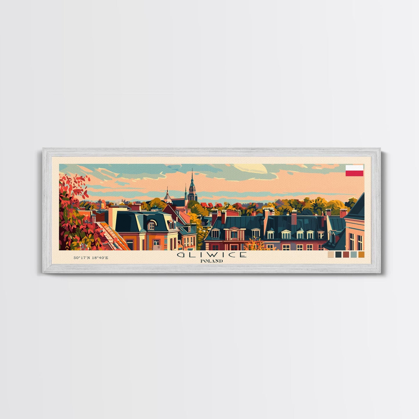 Gliwice Poland Panoramic Travel Poster, Framed Canvas Print or Metal Wall Art, Travel Art, Home Decor, Panoramic Painting, Midcentury Art