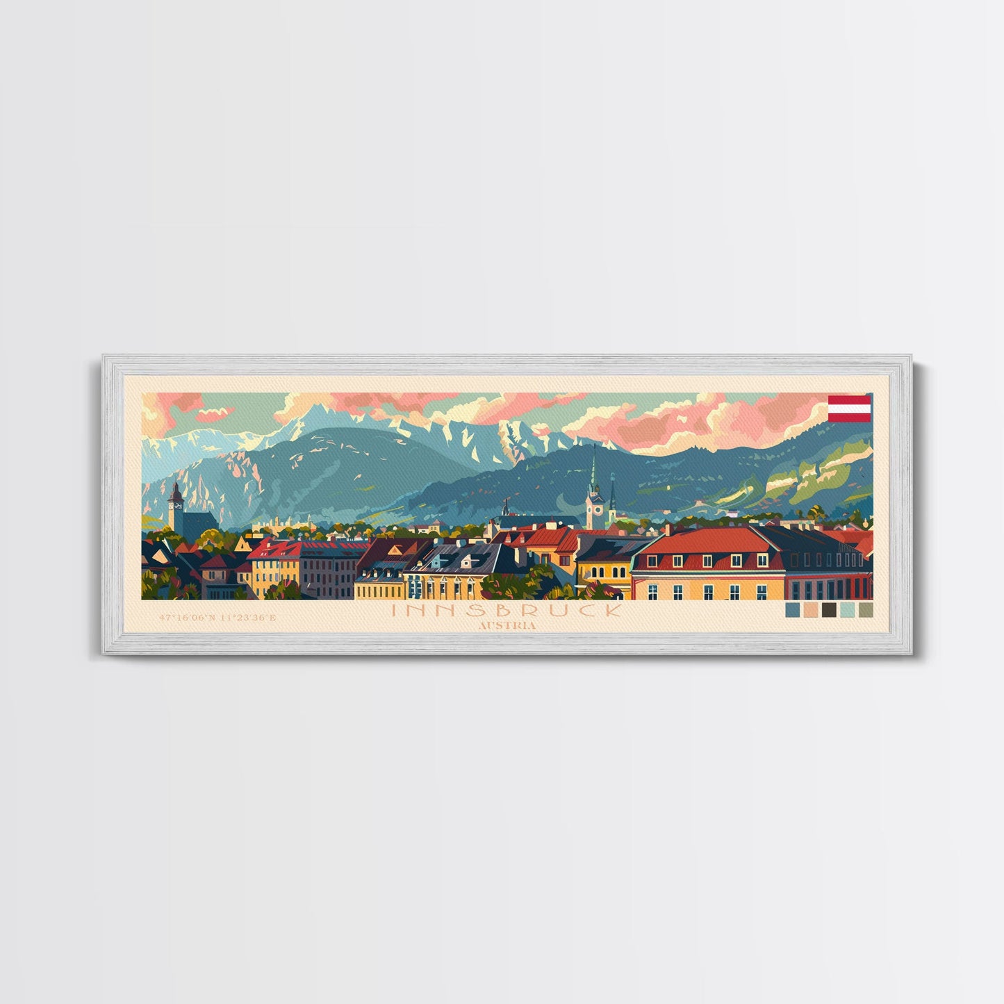 Innsbruck Austria Panoramic Travel Poster, Framed Canvas Print or Metal Wall Art, Travel Art, Home Decor, Panoramic Painting, Midcentury Art
