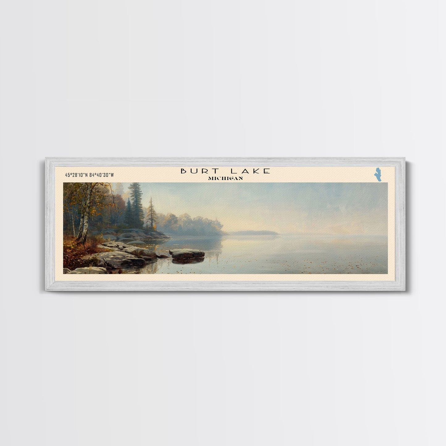 Burt Lake Michigan Framed Canvas Print, Panoramic Lake House Decor, Wall Art, Travel Poster, Rustic Lake Painting, Nature Art