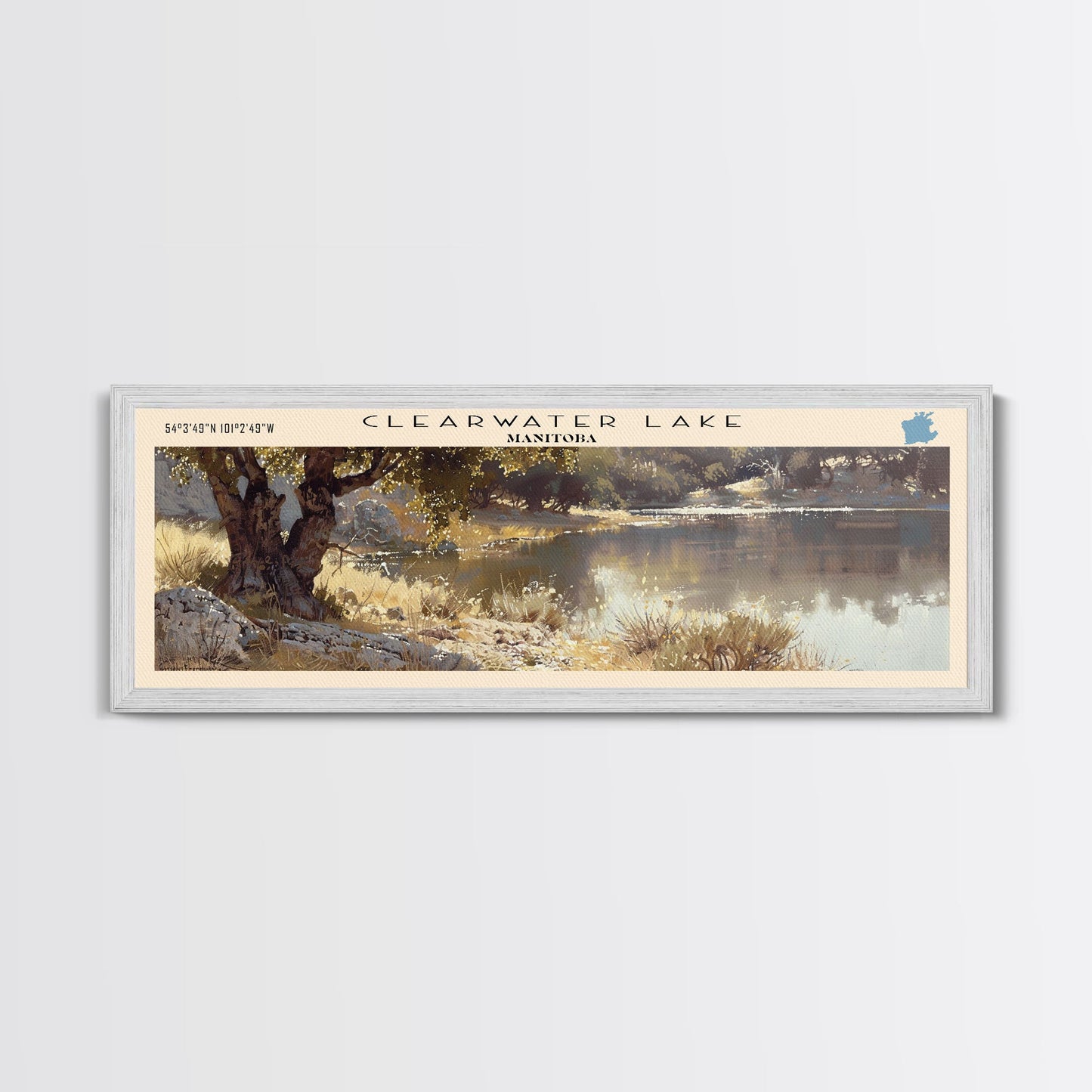Clearwater Lake Framed Canvas Print, Lake House Art, Panoramic Travel Poster, Wide Wall Art, Modern Lake Painting, Home Decor