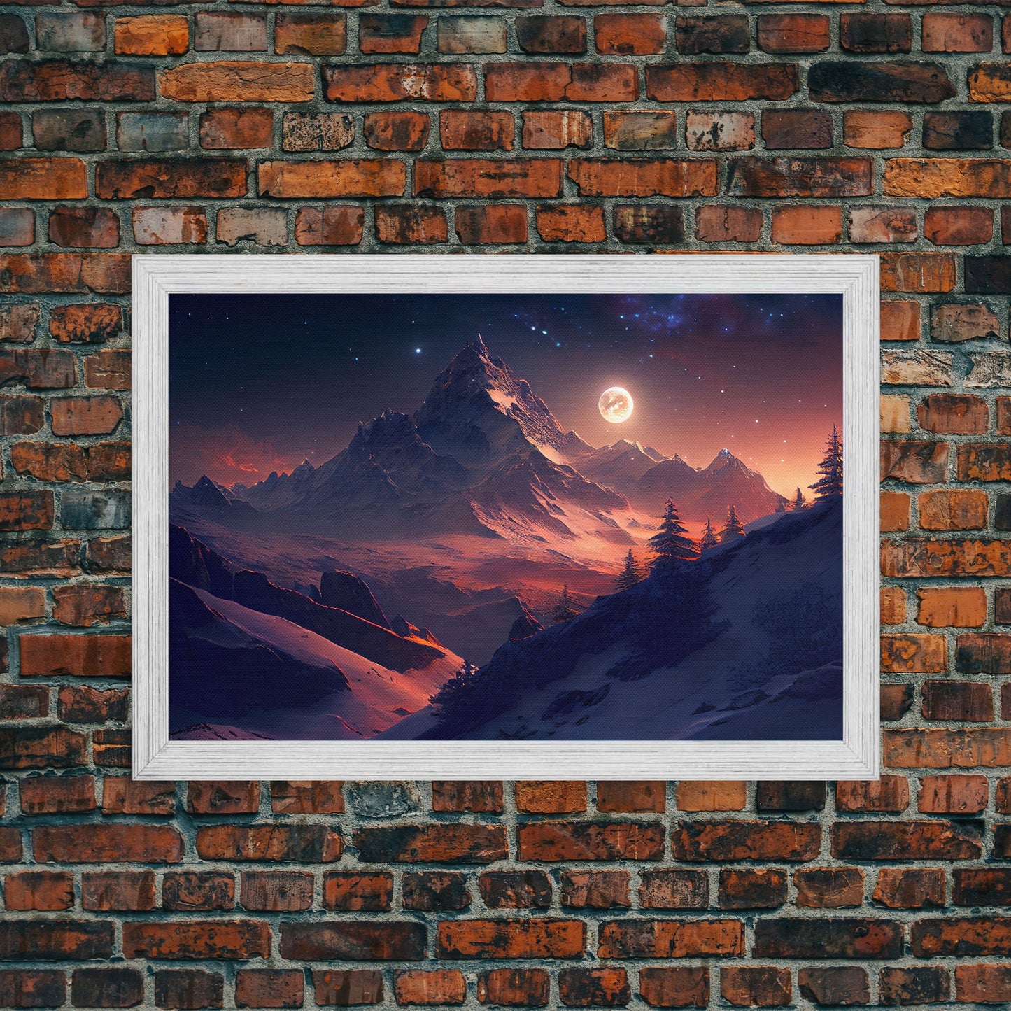 Mt. Everest Art, full moon over a mountain landscape, watercolor, framed canvas print, unique wall art