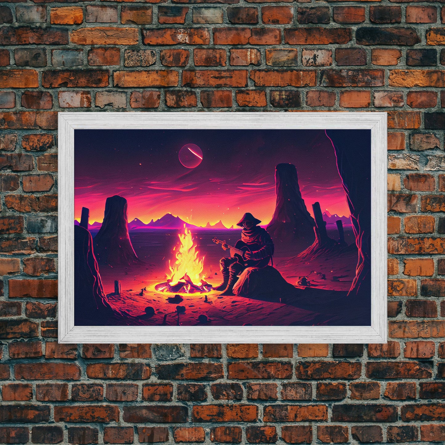 Valley Canyon Man Campfire Guitar Landscape Magenta Fine Art Print, Wall Art Print, Wall Poster, Wall Décor