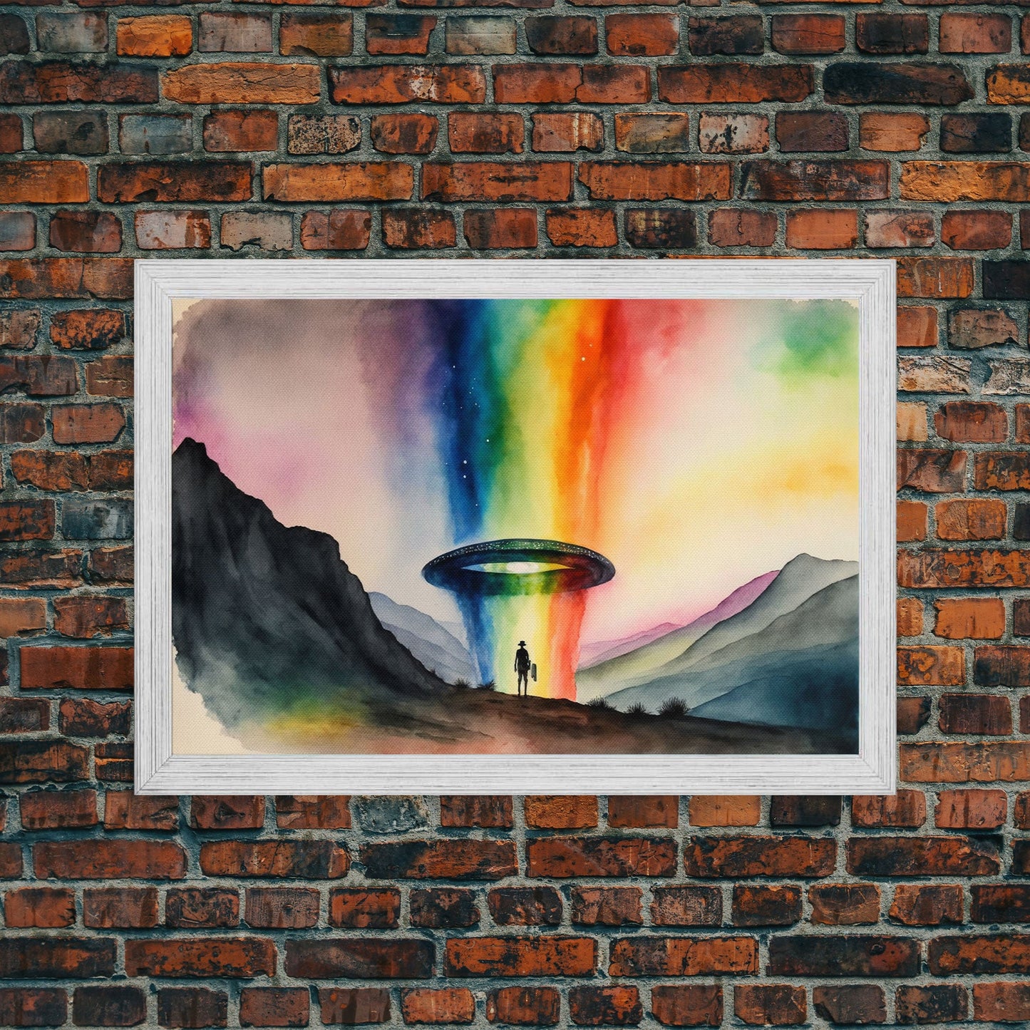 The Abduction, Rainbow UFO Art, Watercolor, Framed Canvas Print, Science Fiction Wall Decor