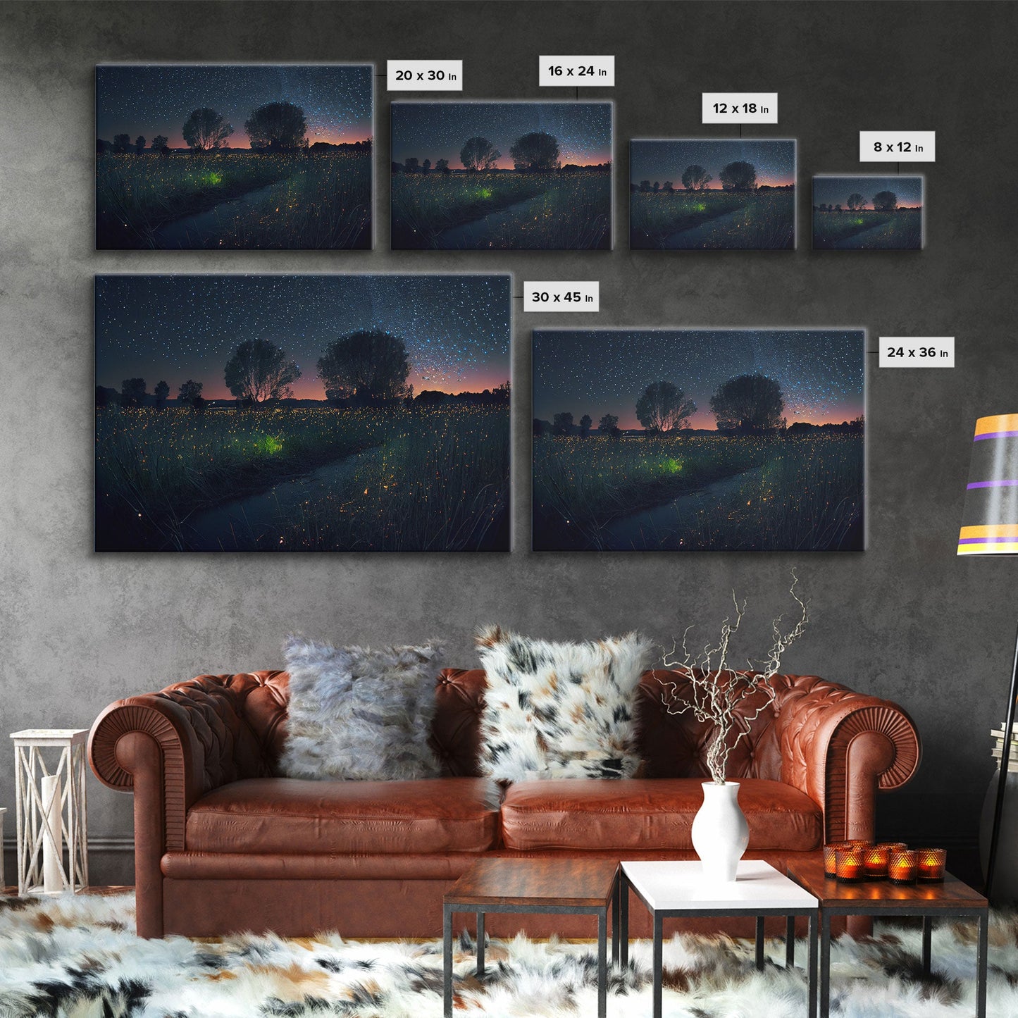 Fireflies light up the Oklahoma Prairie under a Starry night sky, framed canvas print