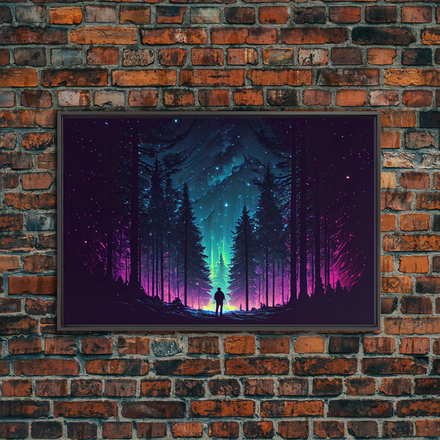 Contemplating the stars, vaporwave aesthetic, forest art, starry night, framed canvas print