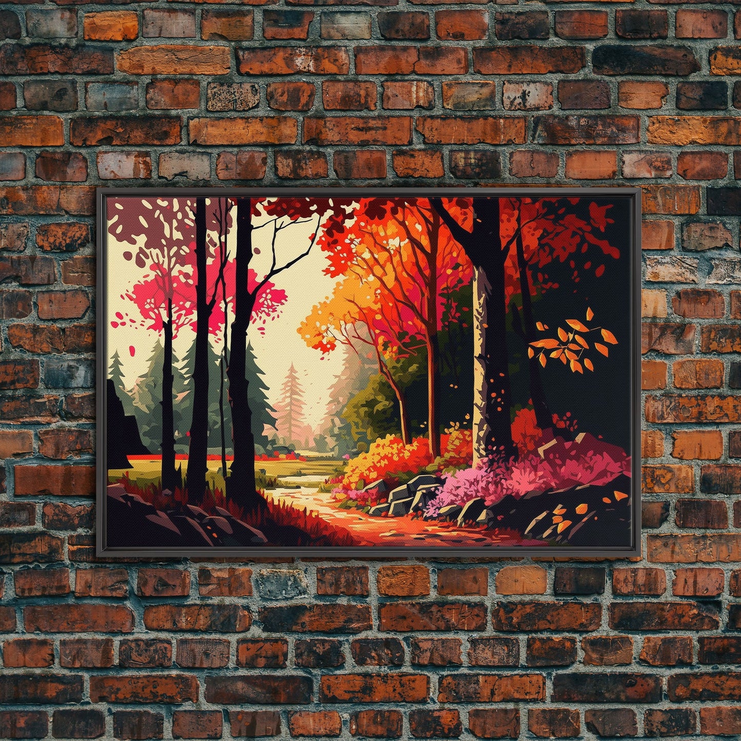 Pop Art Style Fall Forest Landscape, Framed Canvas Print, Unique living room wall art, above sofa art, Color Pop forest art