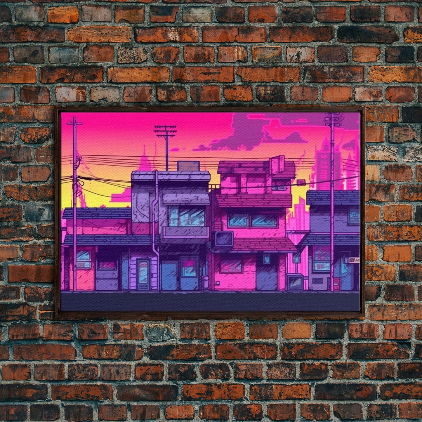 Neighborhood Wall Art - Framed Canvas Print - Original painting - Pop Art Style - Colorful painting - Synthwave Style - Pink colors