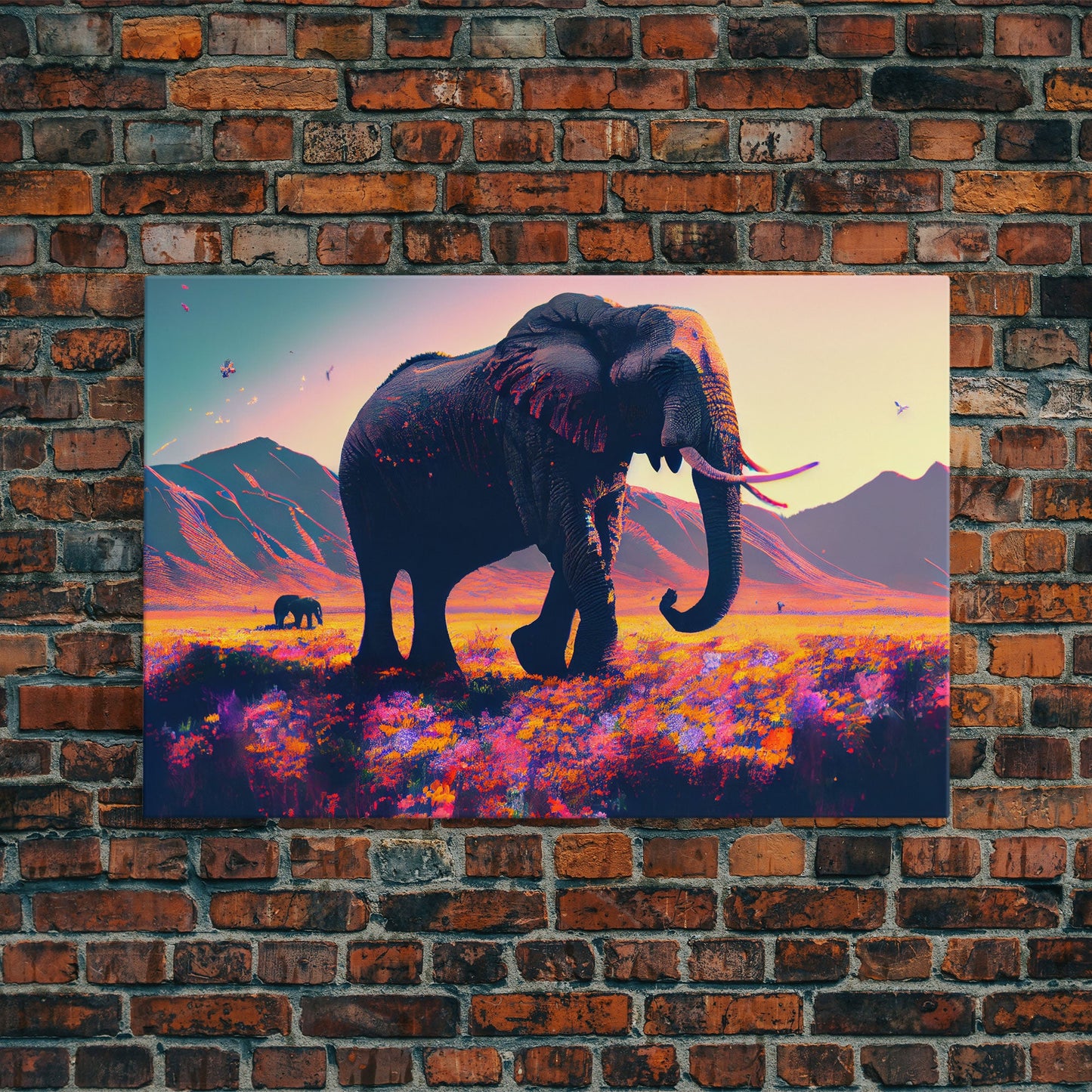 Elephants of Africa, Vibrant and colorful landscape, vaporwave, framed canvas print