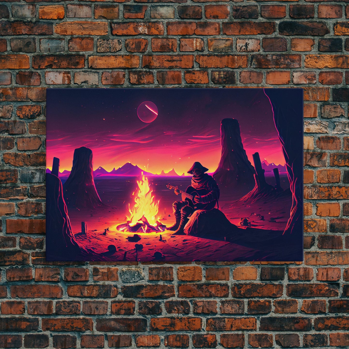 Valley Canyon Man Campfire Guitar Landscape Magenta Fine Art Print, Wall Art Print, Wall Poster, Wall Décor
