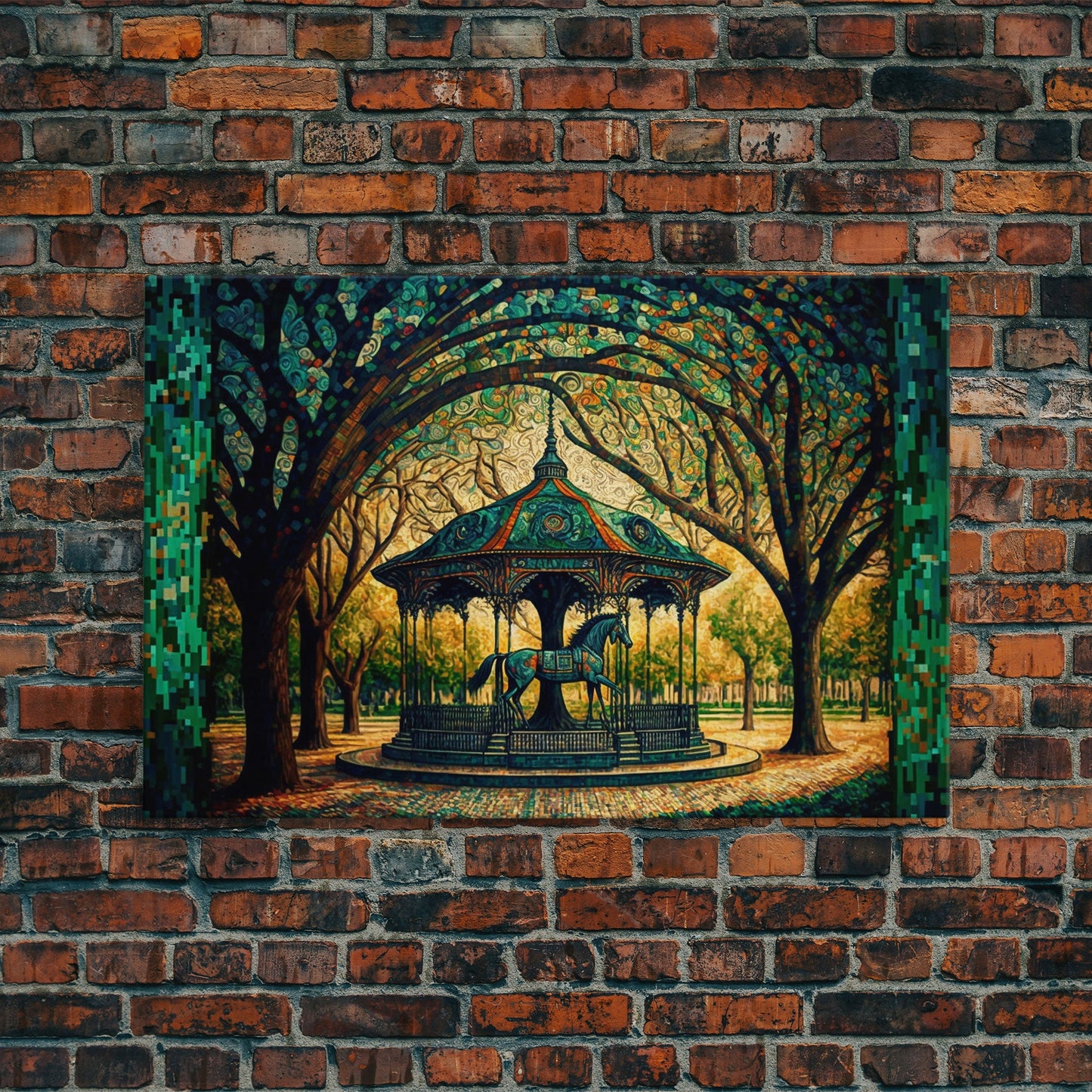 Framed Canvas Print, Painting of a Vintage carousel, Stained Glass Style Wall Art