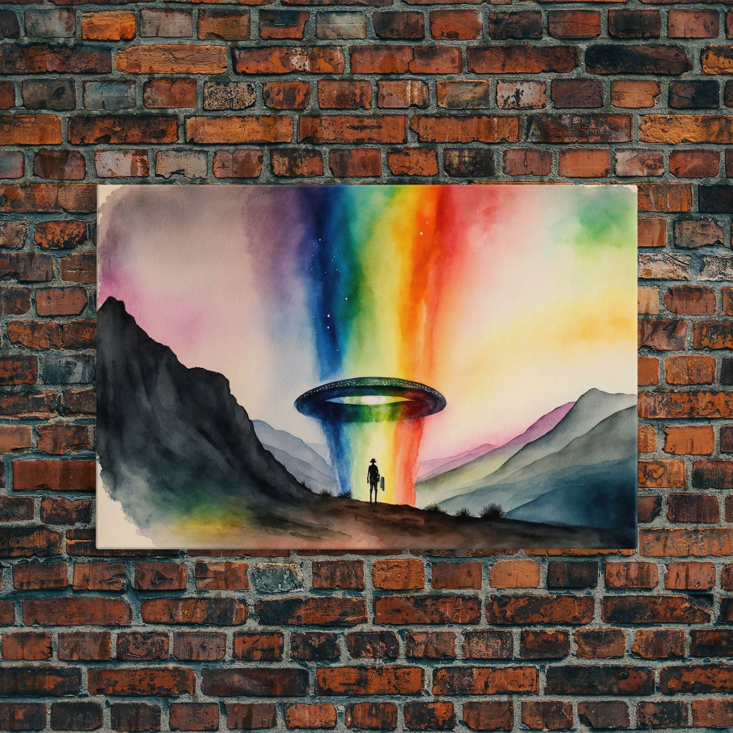 The Abduction, Rainbow UFO Art, Watercolor, Framed Canvas Print, Science Fiction Wall Decor