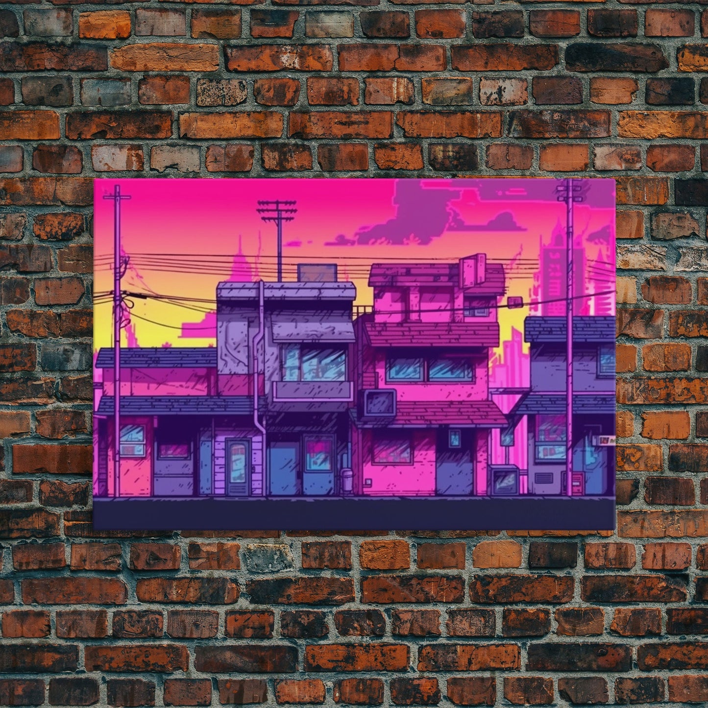 Neighborhood Wall Art - Framed Canvas Print - Original painting - Pop Art Style - Colorful painting - Synthwave Style - Pink colors