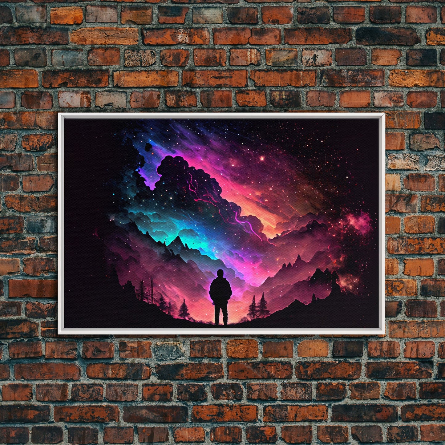 Contemplating the Universe, retro style space art, framed canvas print, synthwave space decor