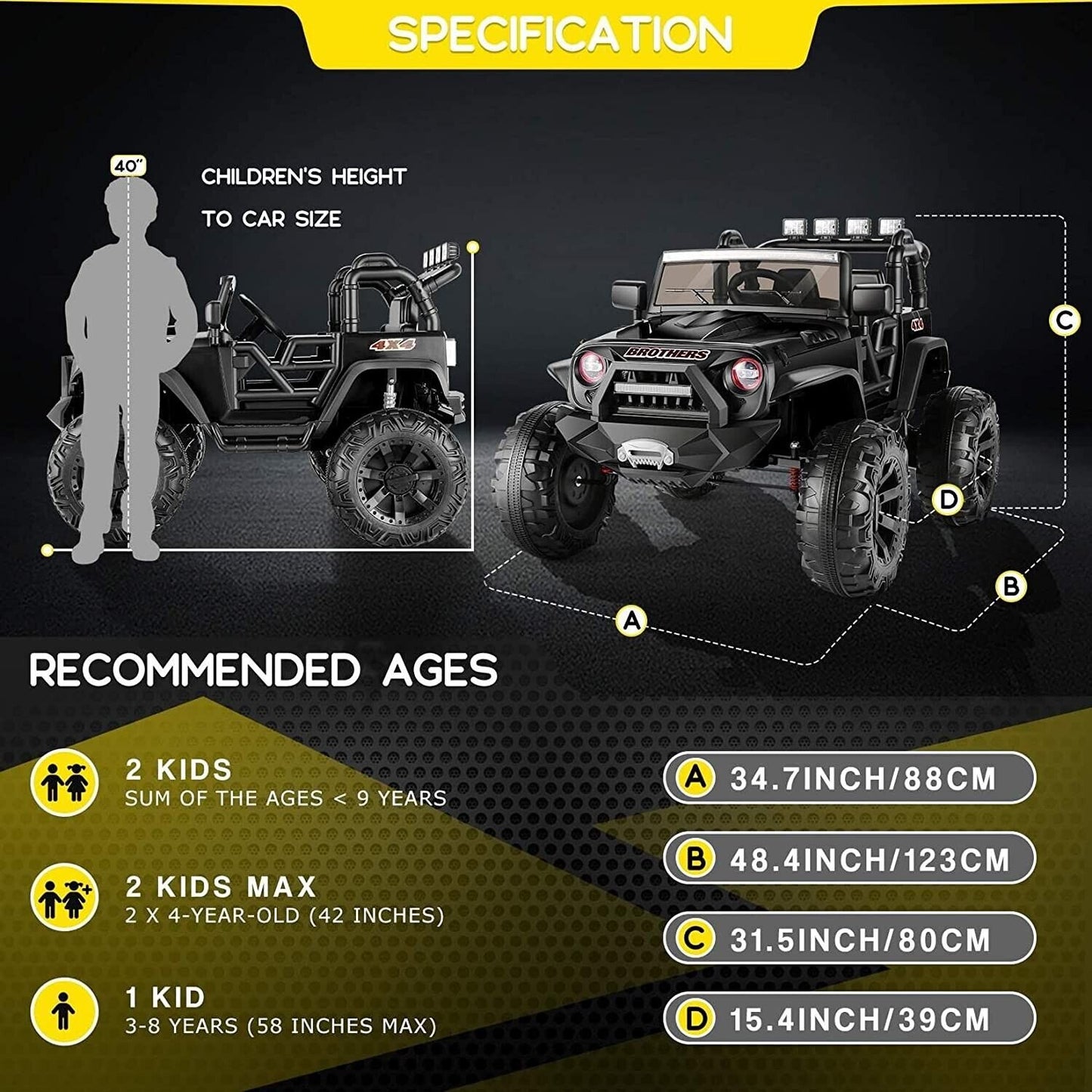 400W Electric 24V Kids Ride on Truck Car Jeep with MP3 Player, LED Lights, and Remote Control - Seats 2