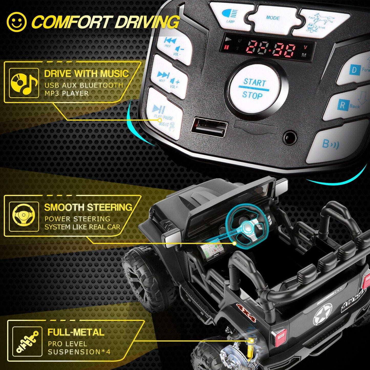 400W Electric Ride On Jeep for Kids with Remote Control, LED Lights, and MP3/USB