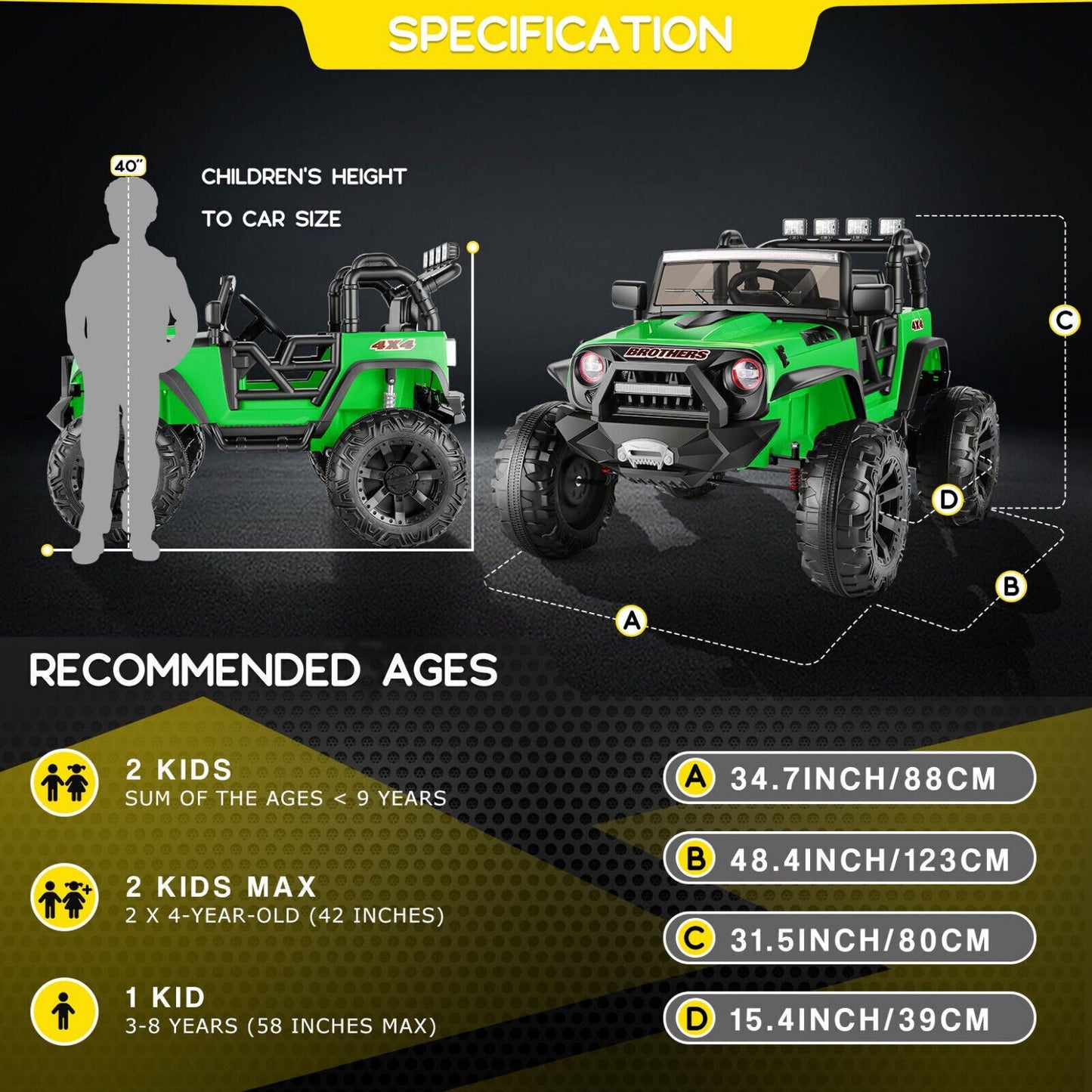 400W Electric Ride On Jeep for Kids with Remote Control, LED Lights, and MP3/USB
