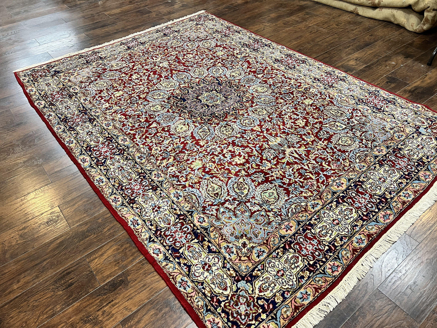 Persian Kirman Rug 7x10, Hand Knotted Wool Floral Medallion Carpet, Dark Red
