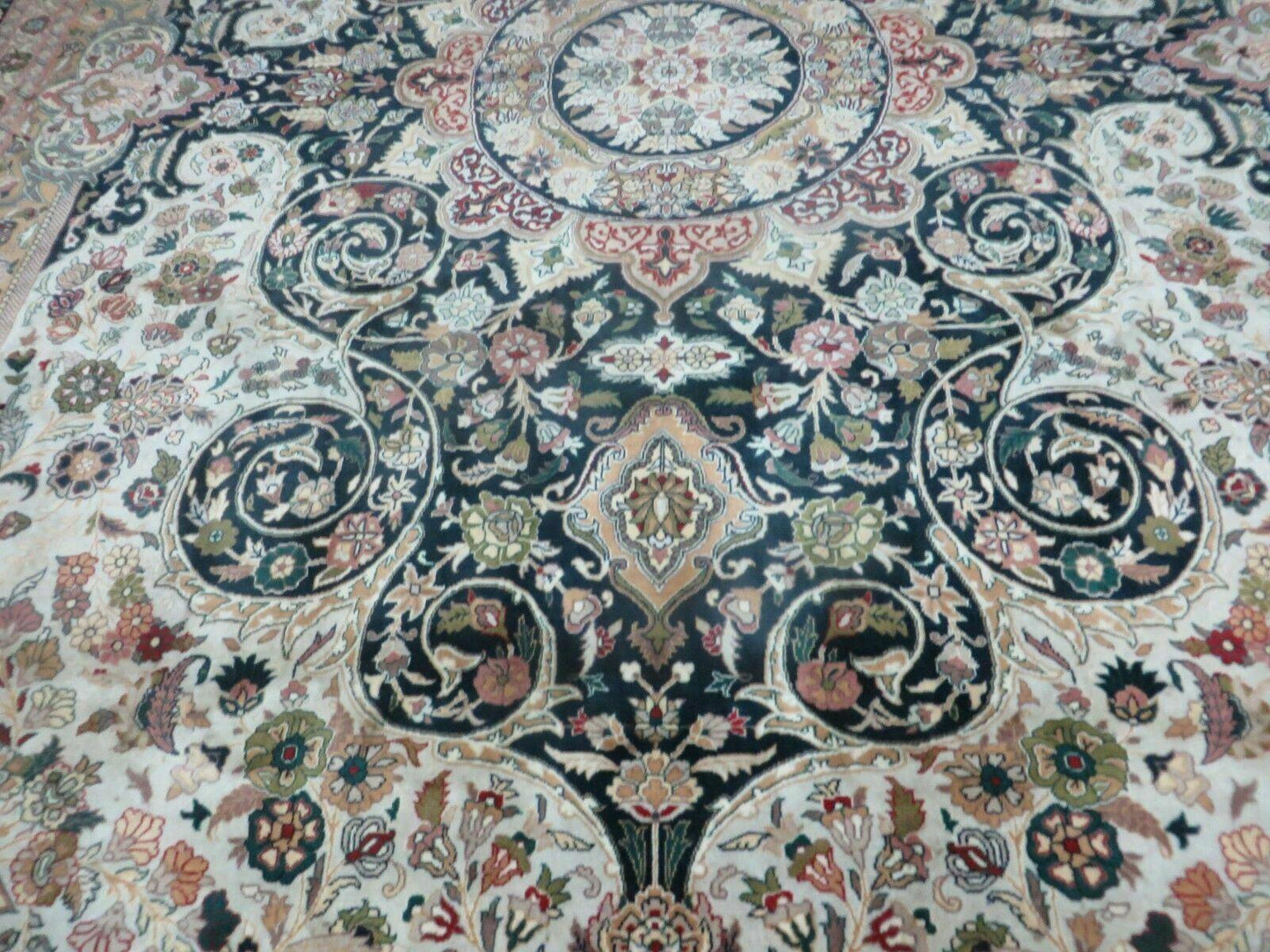 Beautiful Sino Persian Rug 9x12, Elegant High Quality Handmade Wool Oriental Carpet, Medallion with Corner Design, Floral, Black and Ivory