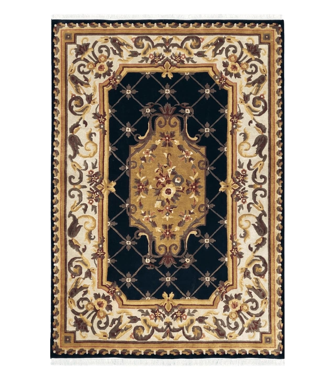 Nepal Rug 6x9, Nepalese Aubusson Area Rug 6 x 9, Hand-Knotted Wool Soft Pile Black & Beige Tibetan Aubusson New Carpet European Savonnerie