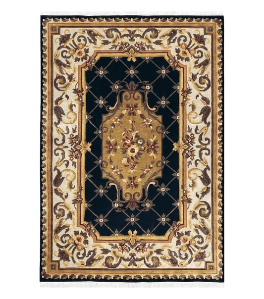 Nepal Rug 6x9, Nepalese Aubusson Area Rug 6 x 9, Hand-Knotted Wool Soft Pile Black & Beige Tibetan Aubusson New Carpet European Savonnerie