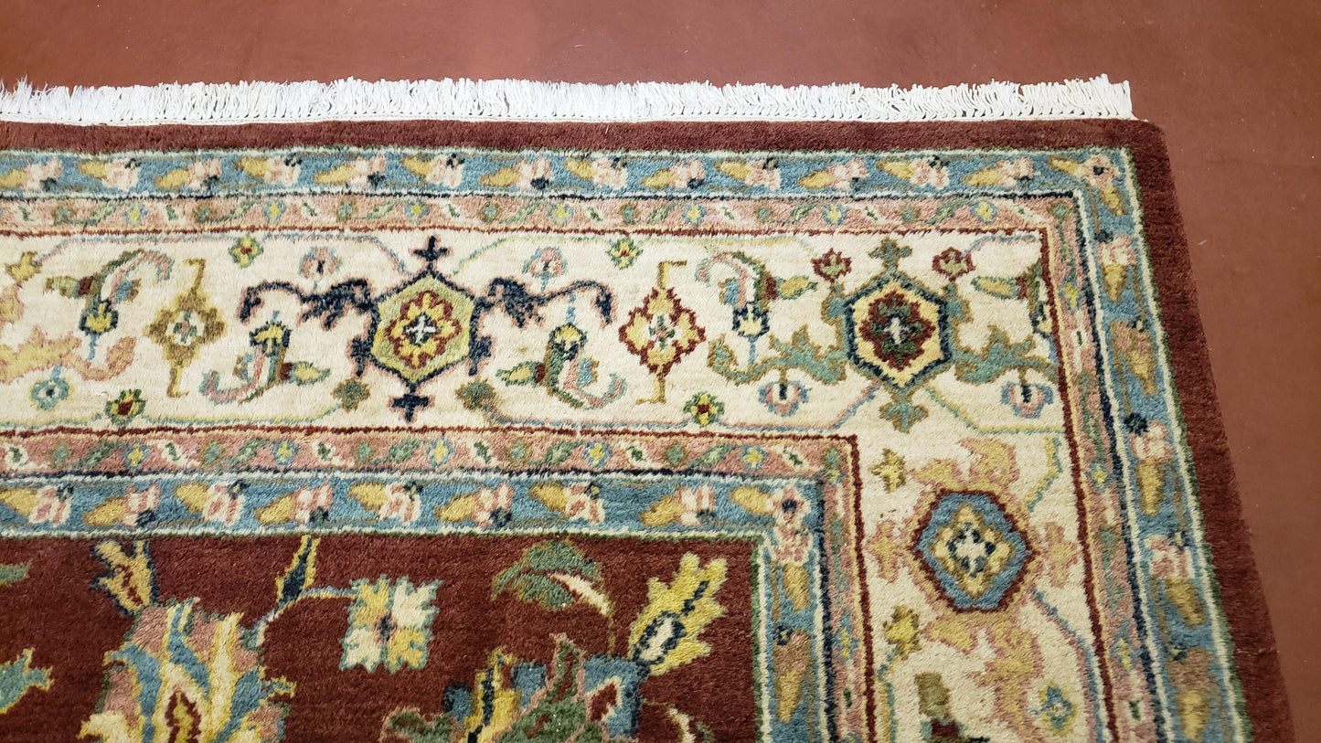 8x12 Indo-Mahal Rug, Floral Allover, Red & Beige, Wool Vintage Handmade Traditional Carpet