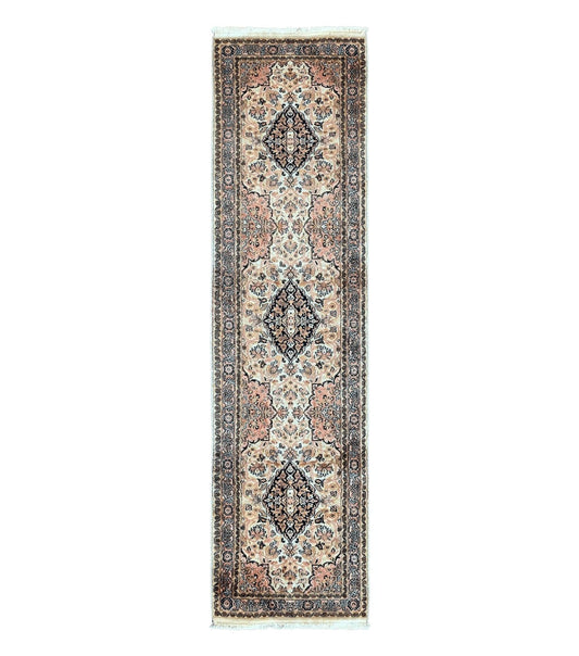 Silk Indian Kashmiri Runner Rug 2.7 x 9.8, Floral Medallions