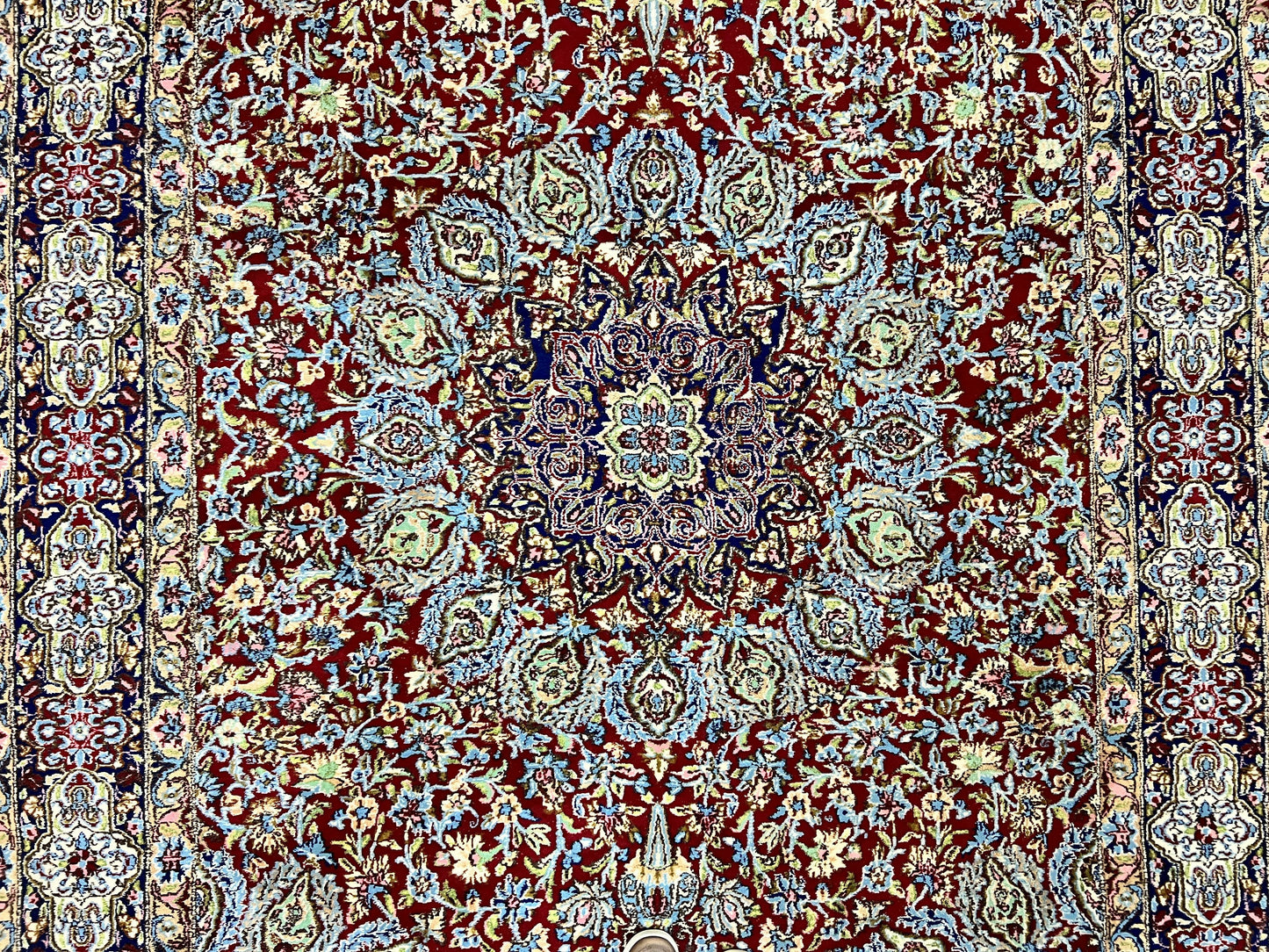 Persian Kirman Rug 7x10, Hand Knotted Wool Floral Medallion Carpet, Dark Red