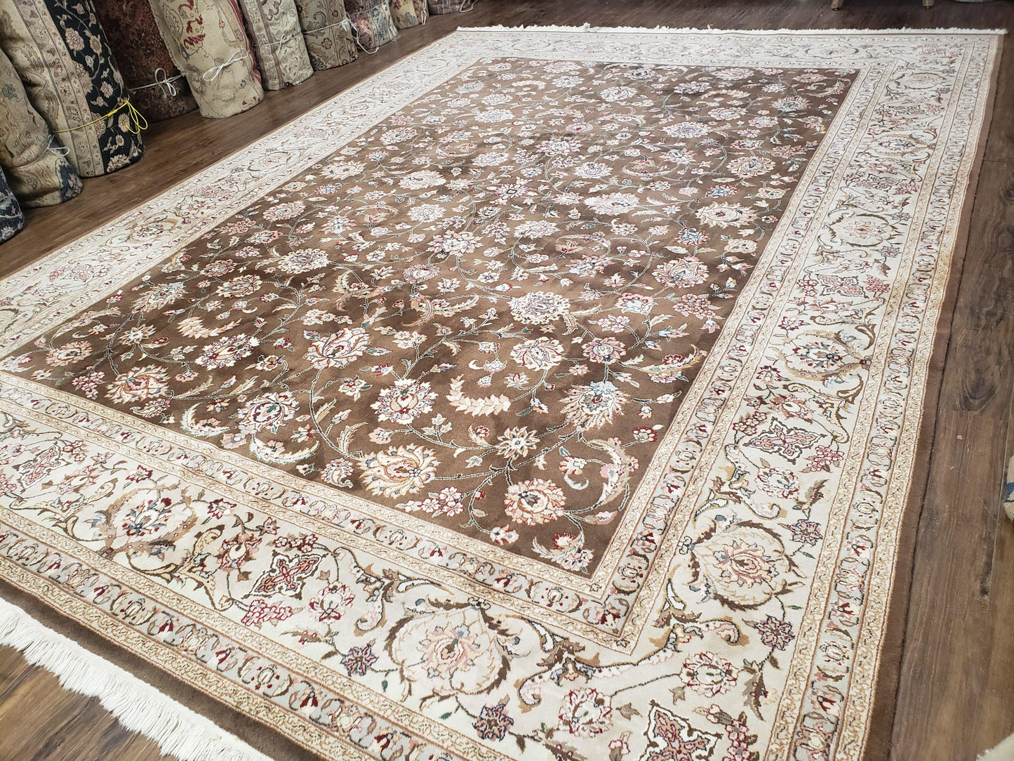 Vintage Pak-Persian Area Rug 9x12, Wool Hand-Knotted Spice Brown & Ivory Traditional Fine Oriental Carpet, Pakistani Carpet, 9 x 12 Fine Rug