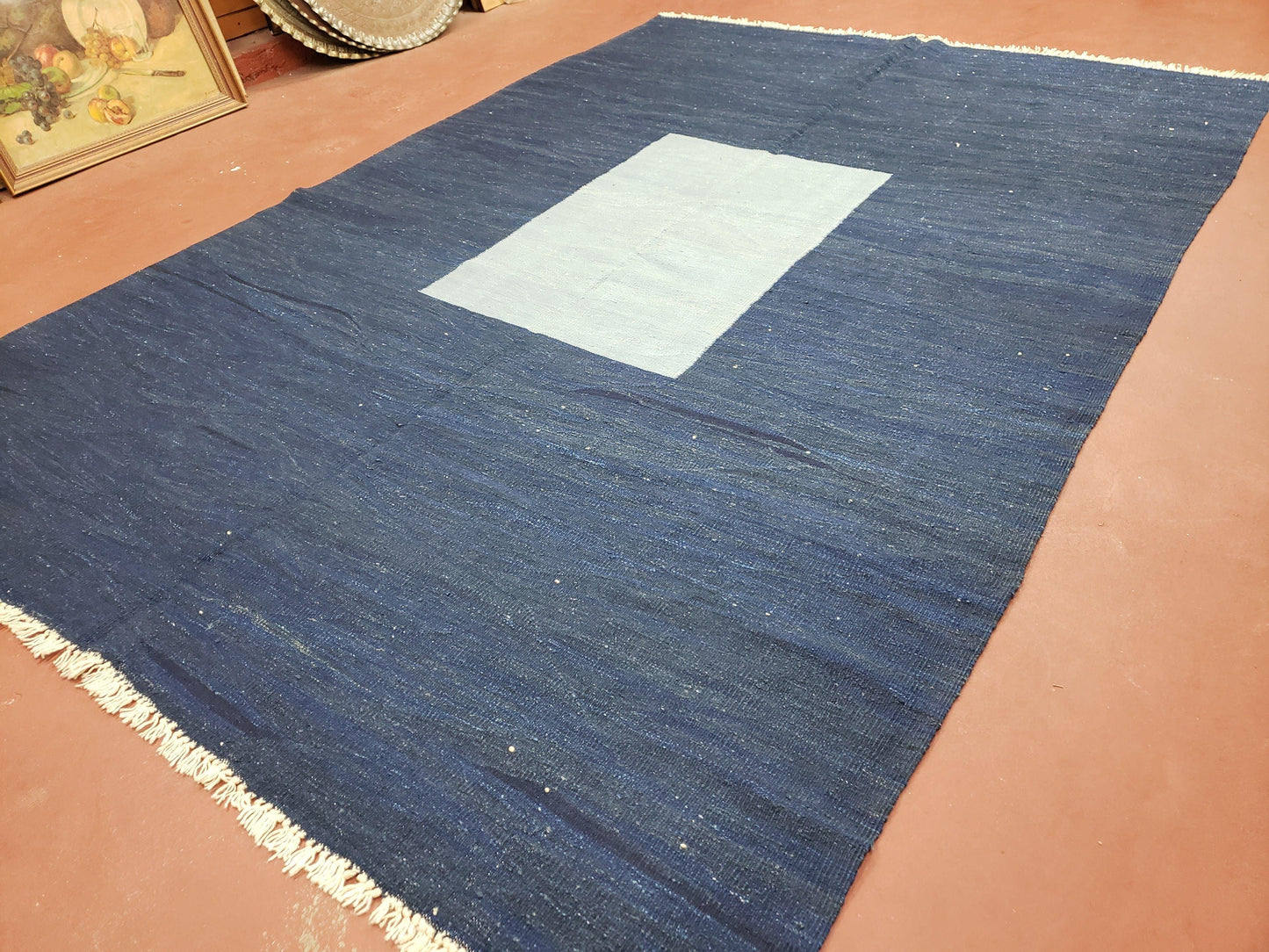 Large Blue Turkish Kilim Rug 7x10, Handmade, Wool