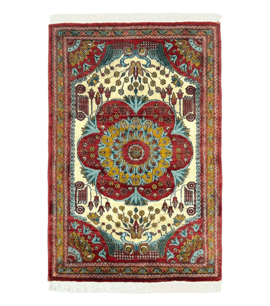 Persian Bijar Rug 2.6 x 4, Antique Carpet, Brick Red and Ivory