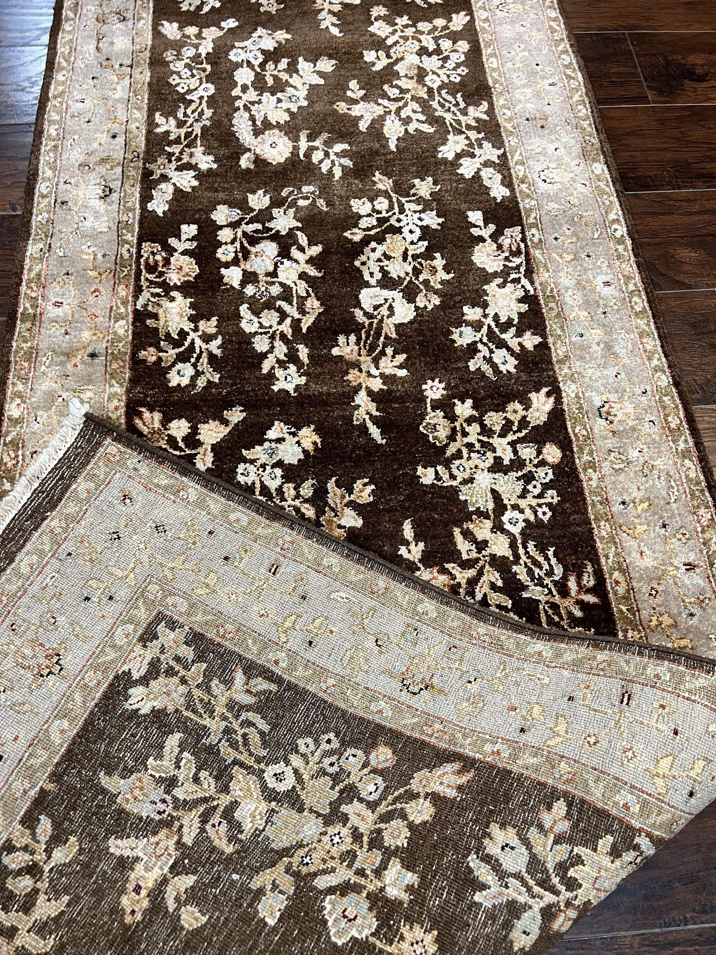 Peshawar Runner Rug 3 x 20, Wool Hand Knotted Vintage Pakistani Carpet, Brown & Taupe, Chobi Mahal Floral Rug, Extra Long Hallway Runner