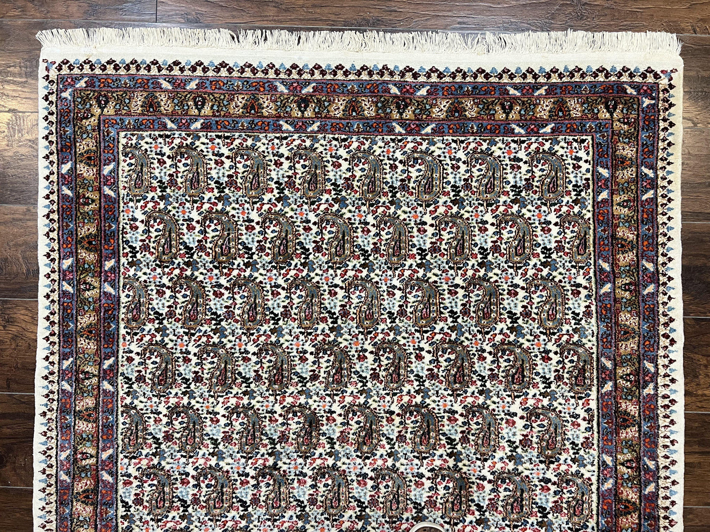 Persian Rug 4x6, Mashad Kashmar Rug, Boteh Paisley Design, Allover Repeated Pattern, Ivory Hand Knotted Vintage Semi Antique Persian Oriental Carpet