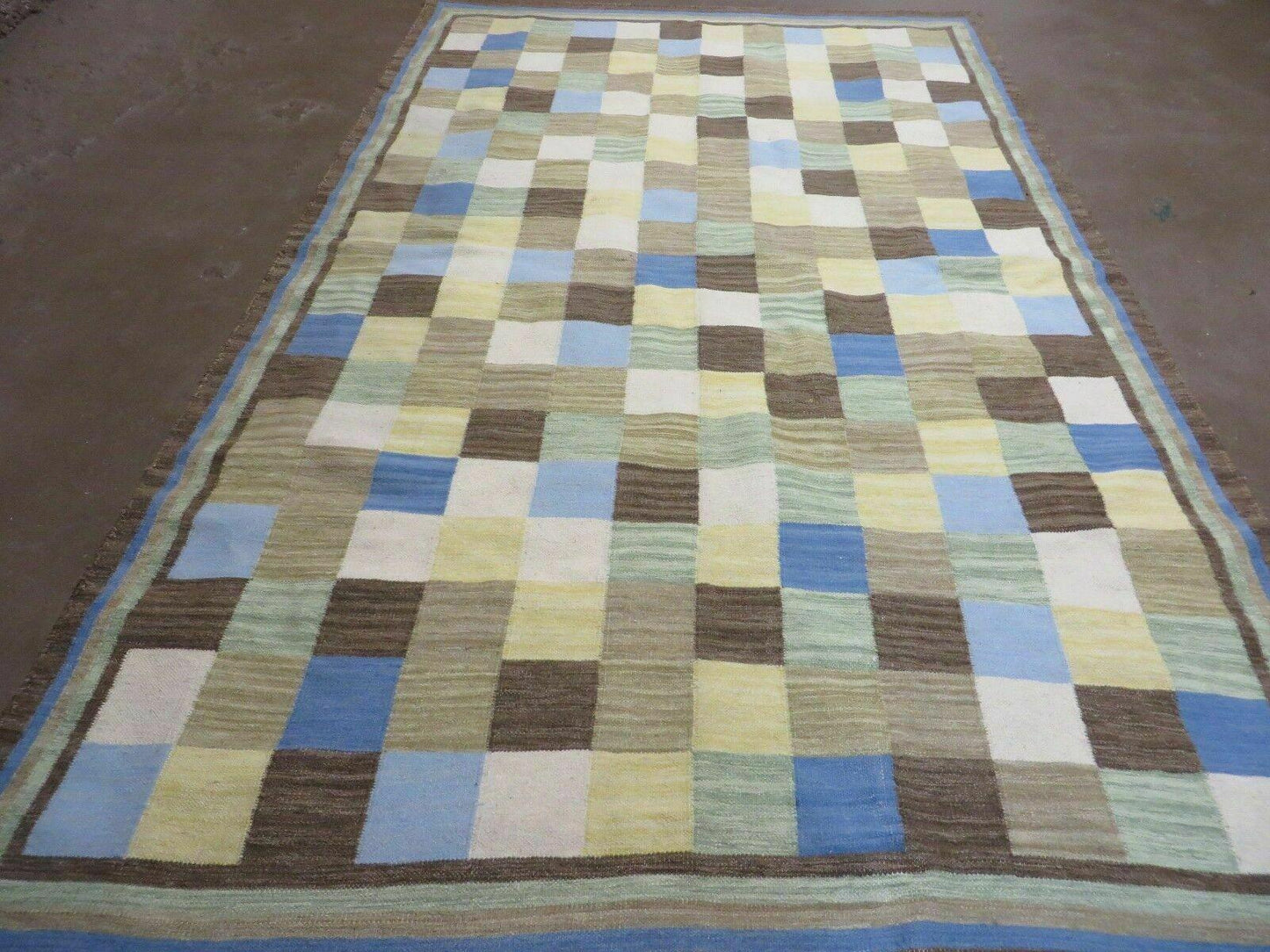 5' X 8' Hand-knotted Kilim Dhurrie Wool Cotton Rug Flat Weave Carpet Checkered Pattern Colorful Multicolor