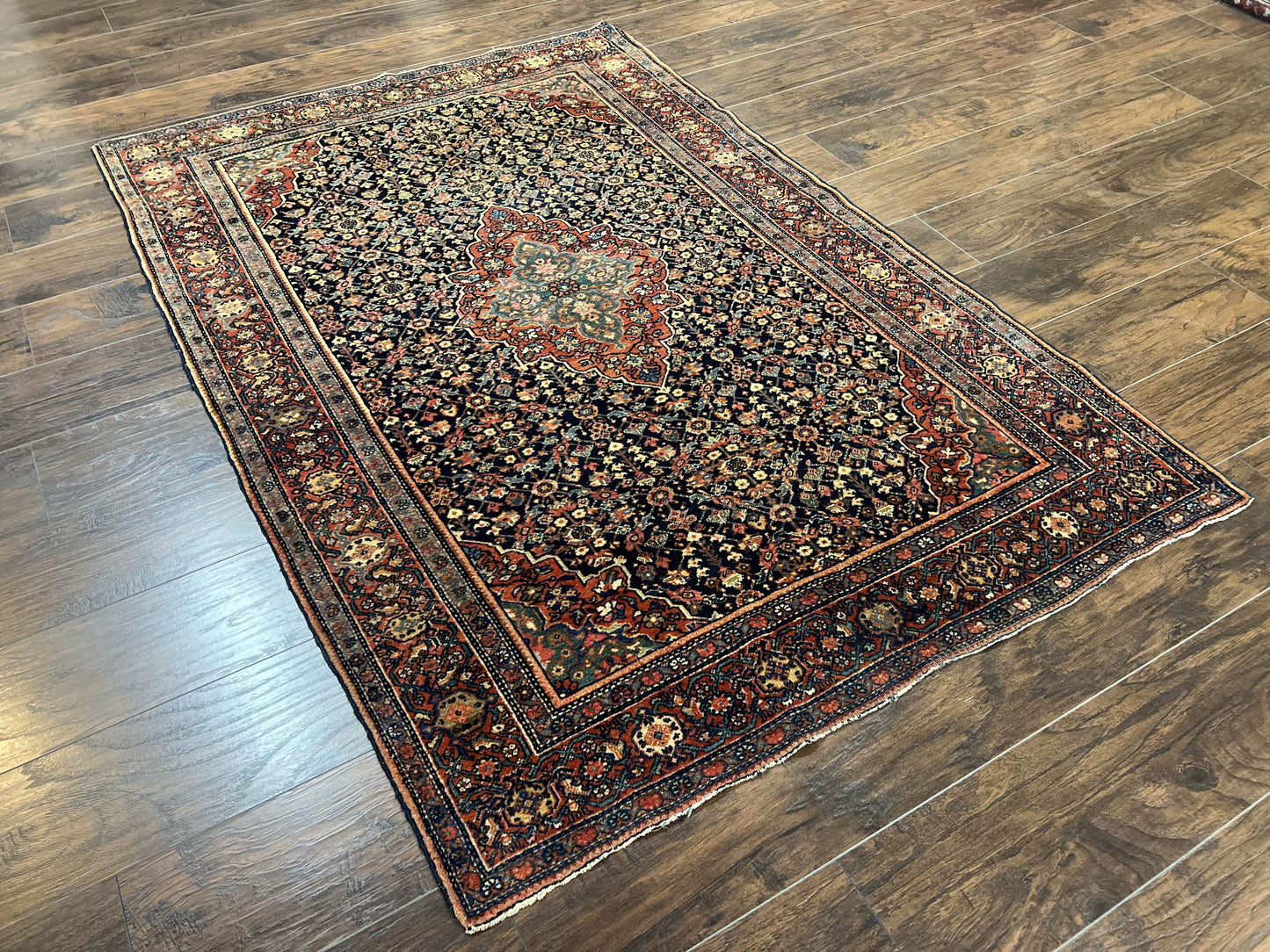 Persian Rug 4x7 Antique Sarouk Farahan Carpet, Navy Blue and Red Wool Rug