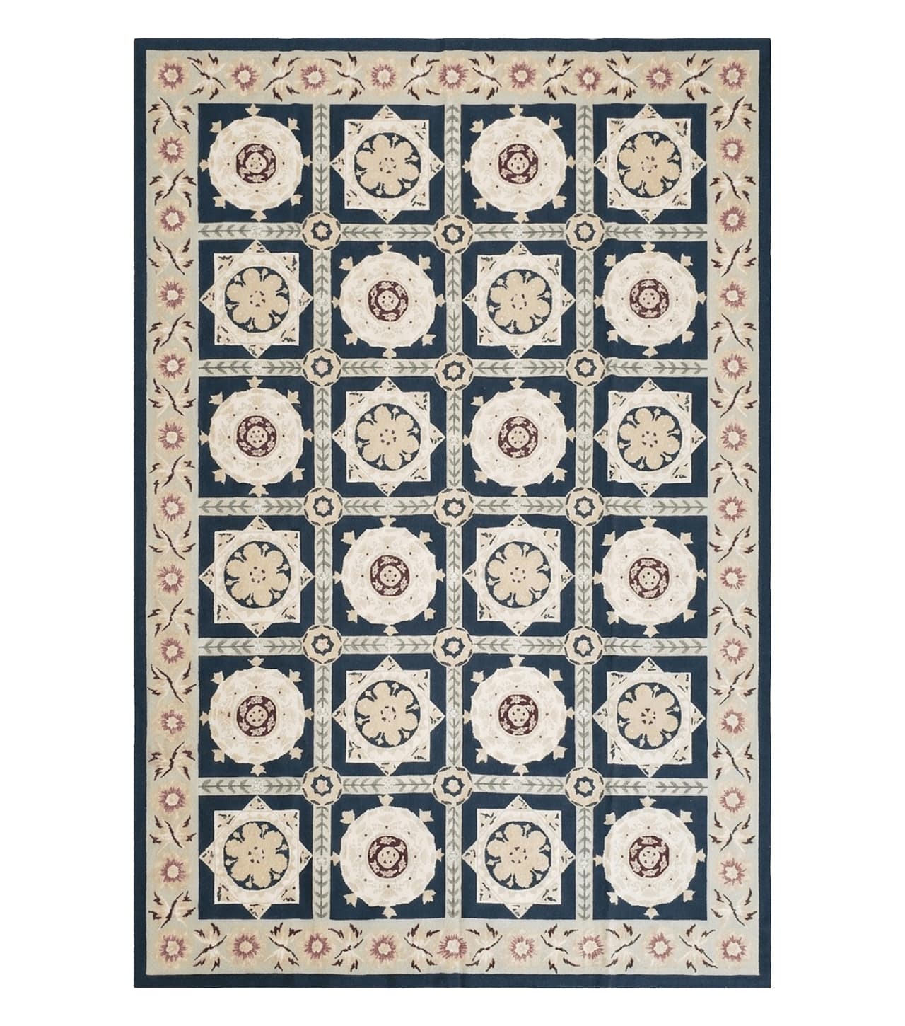 Vintage Chinese Needlepoint Rug 6x9, Panel Design Area Rug Wool Hand-Woven Black & Ivory Carpet Flat Weave Bedroom Rug 6 x 9 Living Room Rug