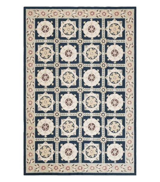 Vintage Chinese Needlepoint Rug 6x9, Panel Design Area Rug Wool Hand-Woven Black & Ivory Carpet Flat Weave Bedroom Rug 6 x 9 Living Room Rug