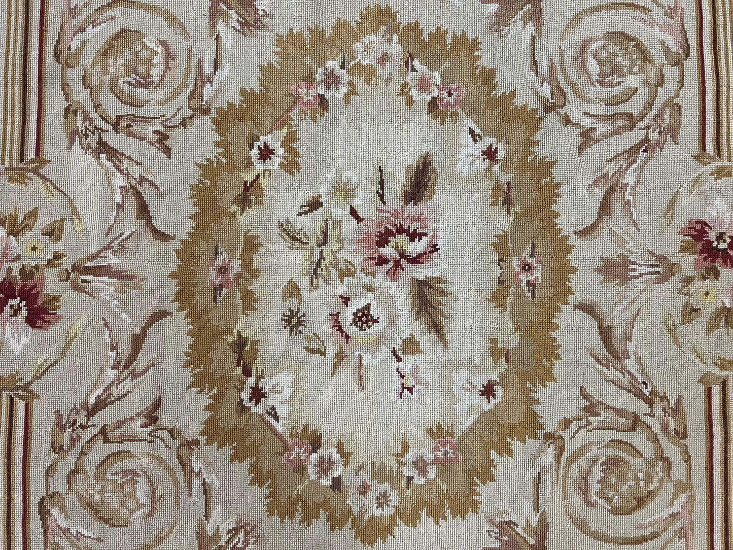 Aubusson Needlepoint Rug 4x5 ft, Beige and Tan, Aubusson Savonnerie Vintage Carpet, Handwoven Handmade Wool Rug, European Design Floral Rose