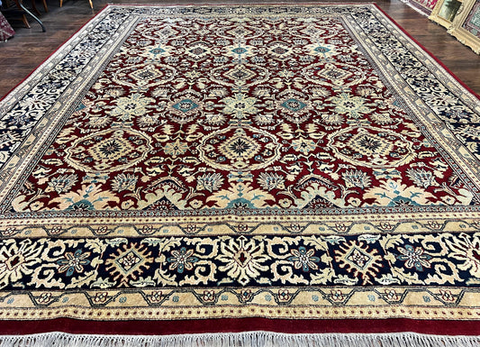 Indian Agra Rug 12x15, Maroon, Hand Knotted Vintage Palace Sized Oriental Carpet