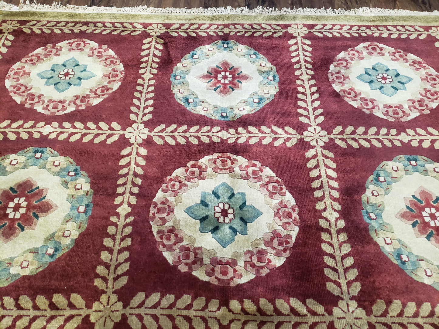 Nepalese Aubusson Panel Rug 6x9, Red & Ivory Soft Plush Tibetan Pile Rug, Wool Hand-Knotted Carpet, 6 x 9 Elegant Area Rug, Office Room Rug