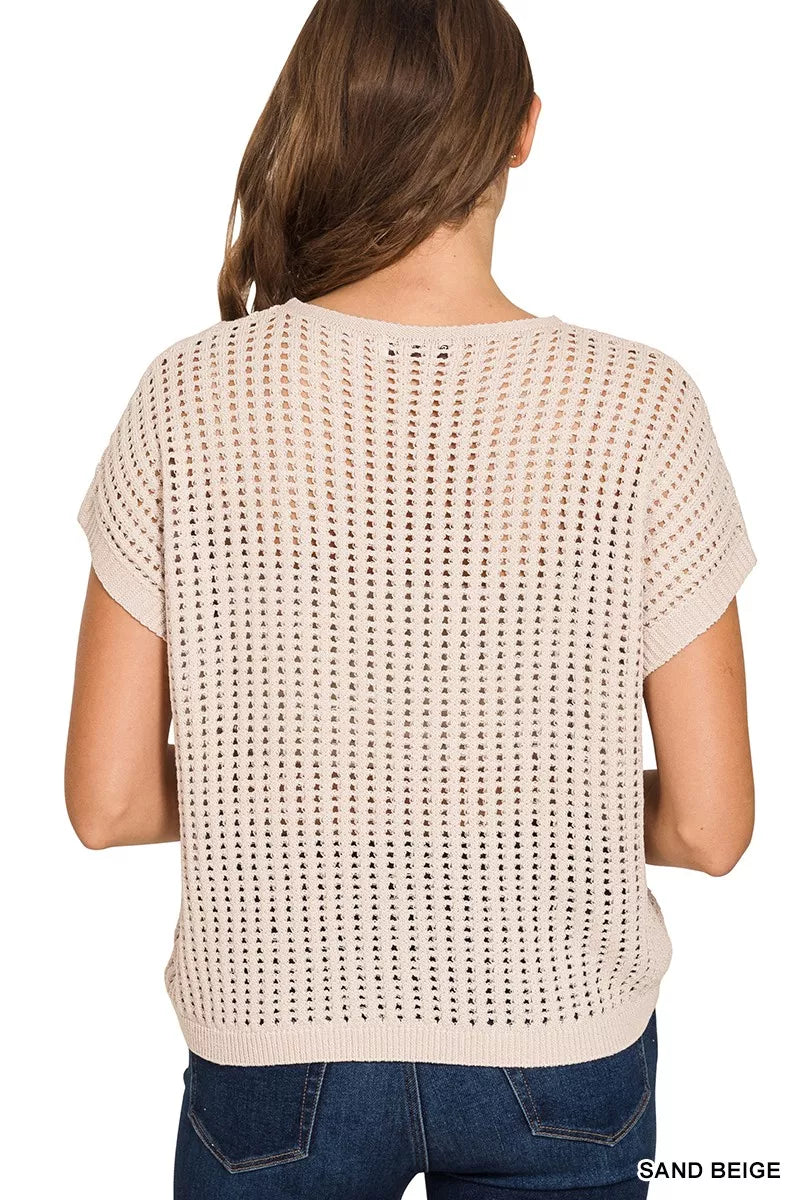 Zenana Viscose American Flag Openwork Knit Top