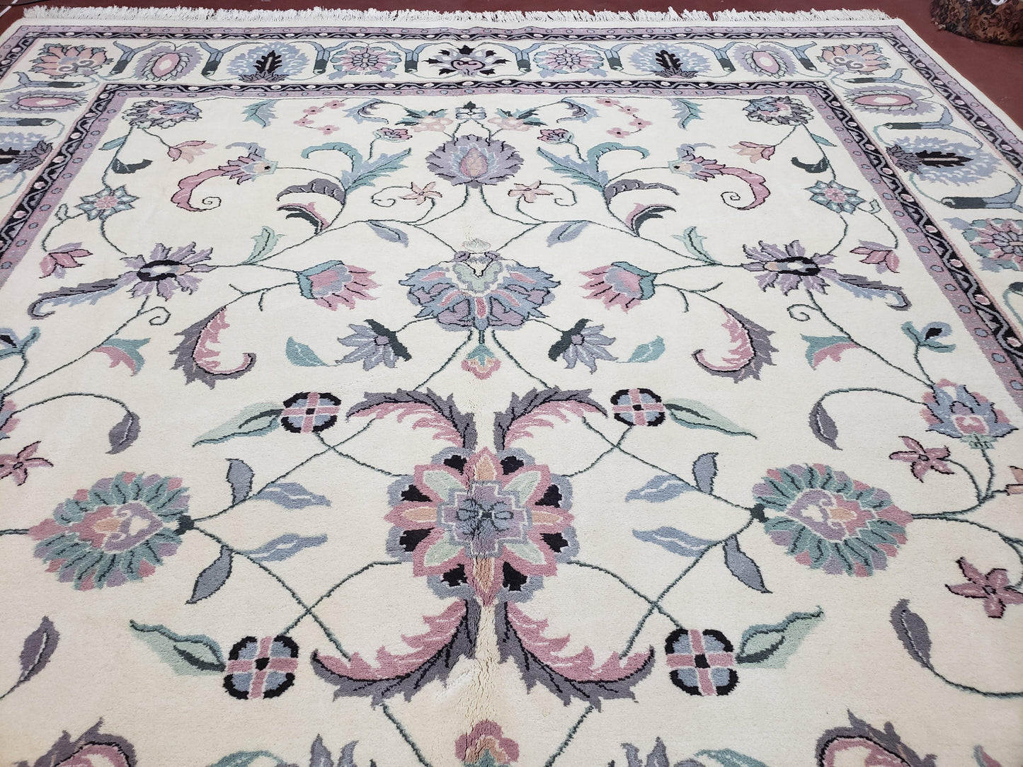 Ivory & Teal Indo Persian Area Rug 9x12, Wool Hand-Knotted Oriental Carpet, 9 x 12 Soft Traditional Living Room Rug, Dining Room Rug