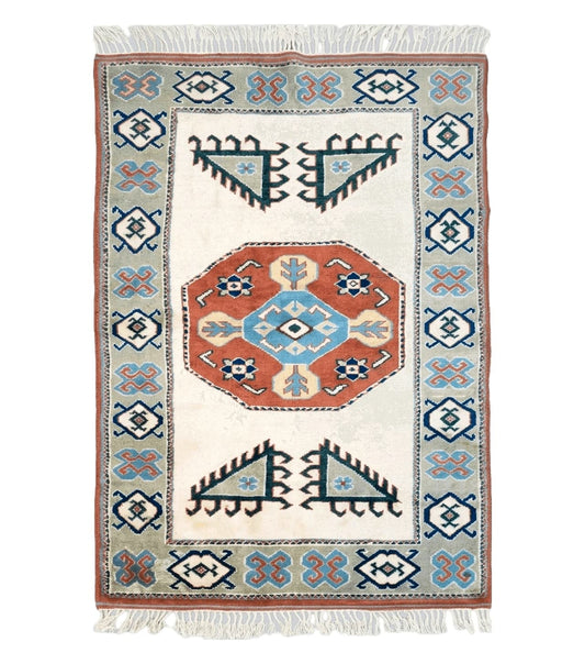 Vintage Turkish Rug 4x6, Beige Red Gray Carpet, Caucasian Design, Tribal Rug, Hand-Knotted, Boho Rug, Bohemian Home Decor